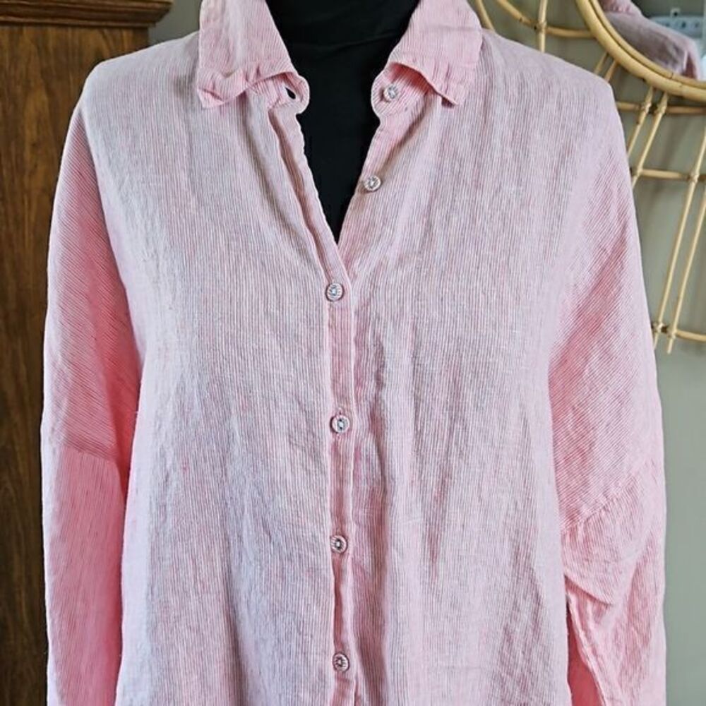 Chico's Striped Linen‎ 3/4 Sleeve Button Down with Button Up Cuffs Sz 2